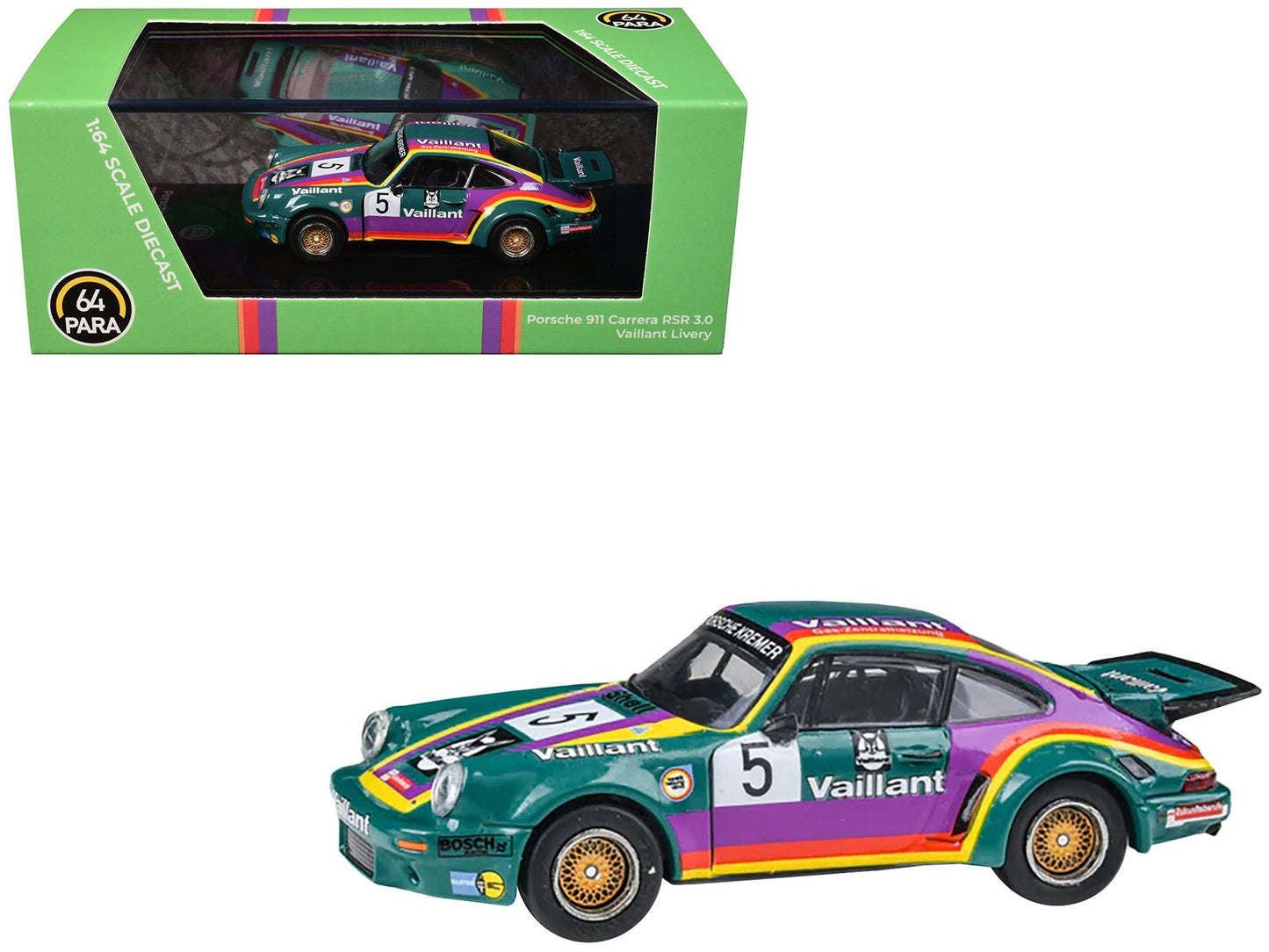 1975 Porsche 911 Carrera RSR 3.0 #5 "Kremer Racing - Vaillant" Green with Stripes 1/64 Diecast Model Car by Paragon Models free shipping USA