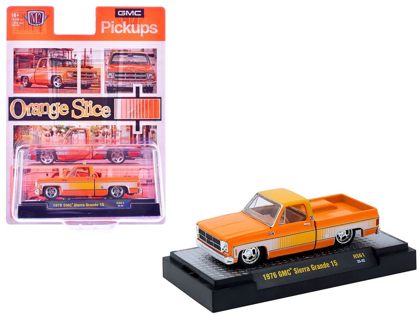 1976 GMC Sierra Grande 15 Pickup Truck Orange and white with Orange Interior Limited Edition to 15994 pieces Worldwide 1/64 Diecast Model Car by M2 Machines free shipping USA