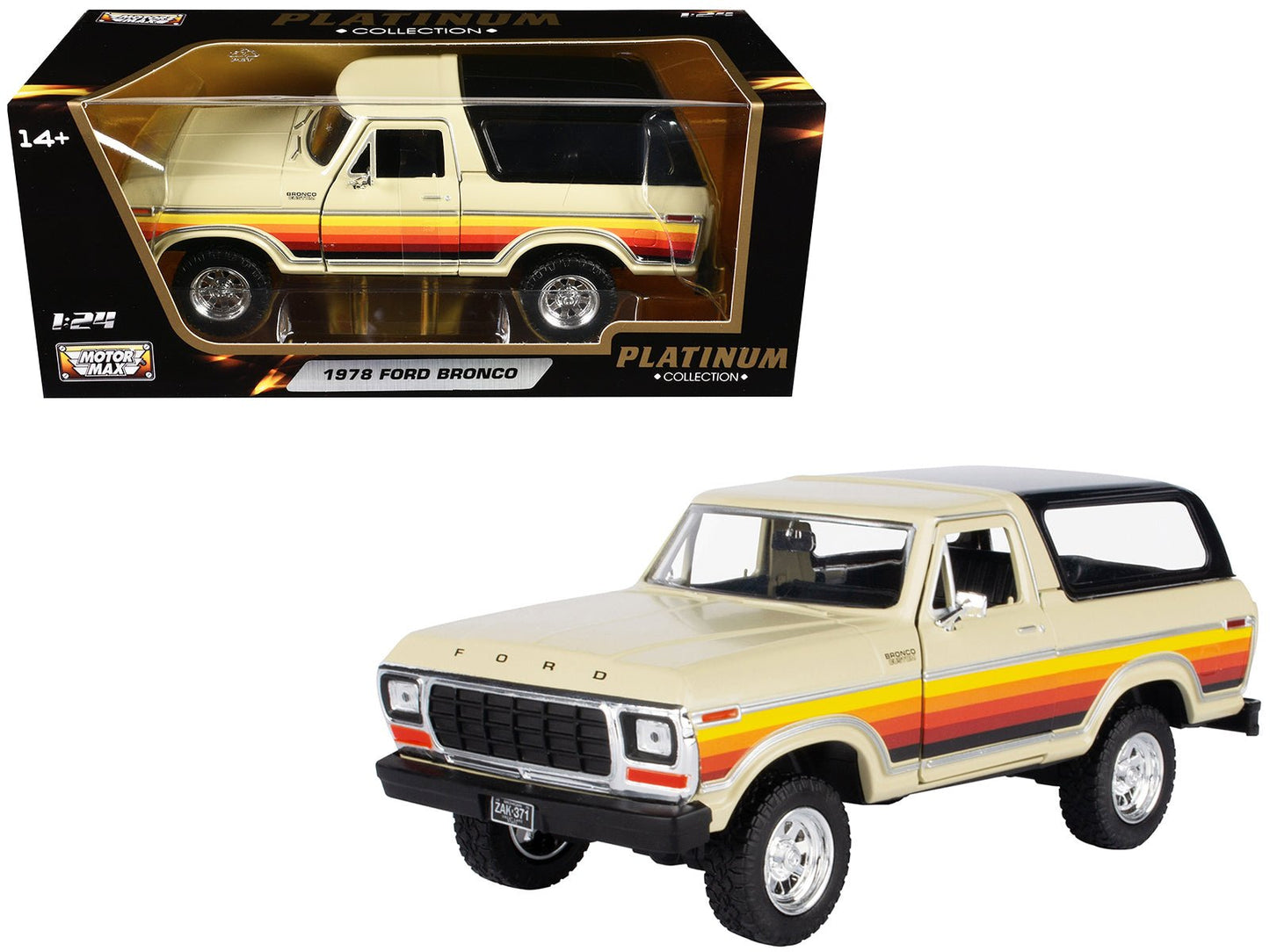 1978 Ford Bronco Custom Cream with Stripes and Black Top "Platinum Collection" Series 1/24 Diecast Model Car by Motormax free shipping USA