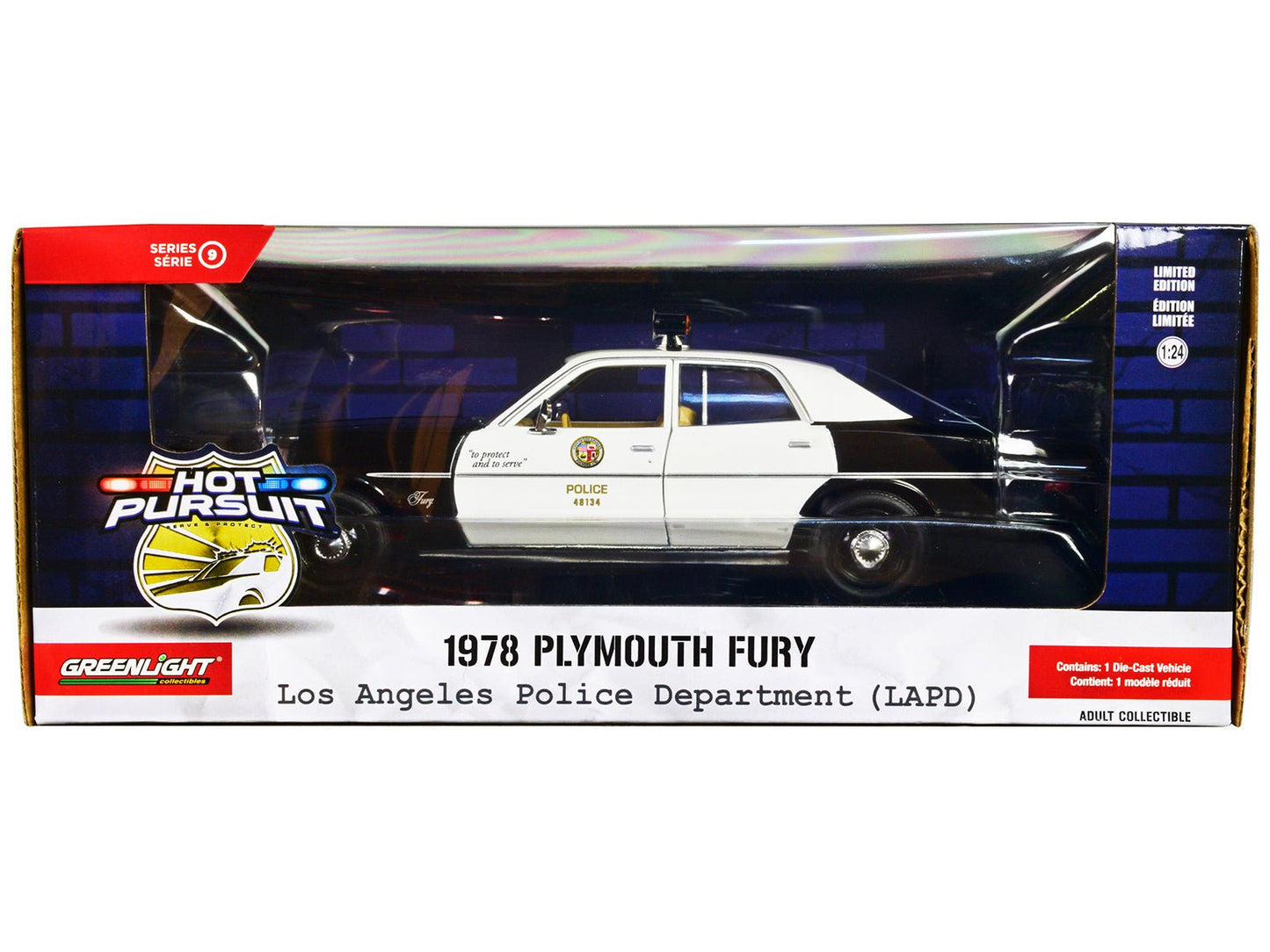 1978 Plymouth Fury Black and White "LAPD (Los Angeles Police Department)" "Hot Pursuit" Series 9 1/24 Diecast Model Car by Greenlight free shipping USA