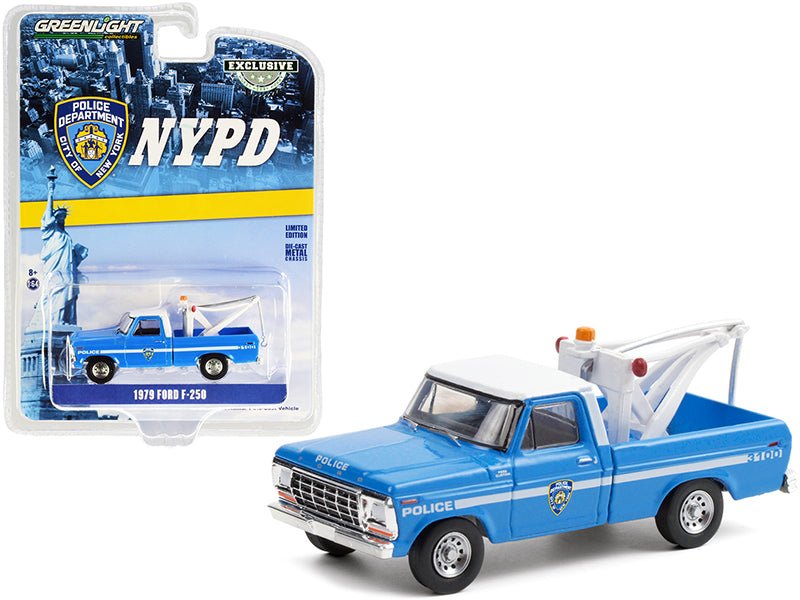 1979 Ford F-250 Tow Truck with Drop-In Tow Hook Blue with White Top "New York City Police Dept." (NYPD) "Hobby Exclusive" 1/64 Diecast Model Car by Greenlight free shipping USA