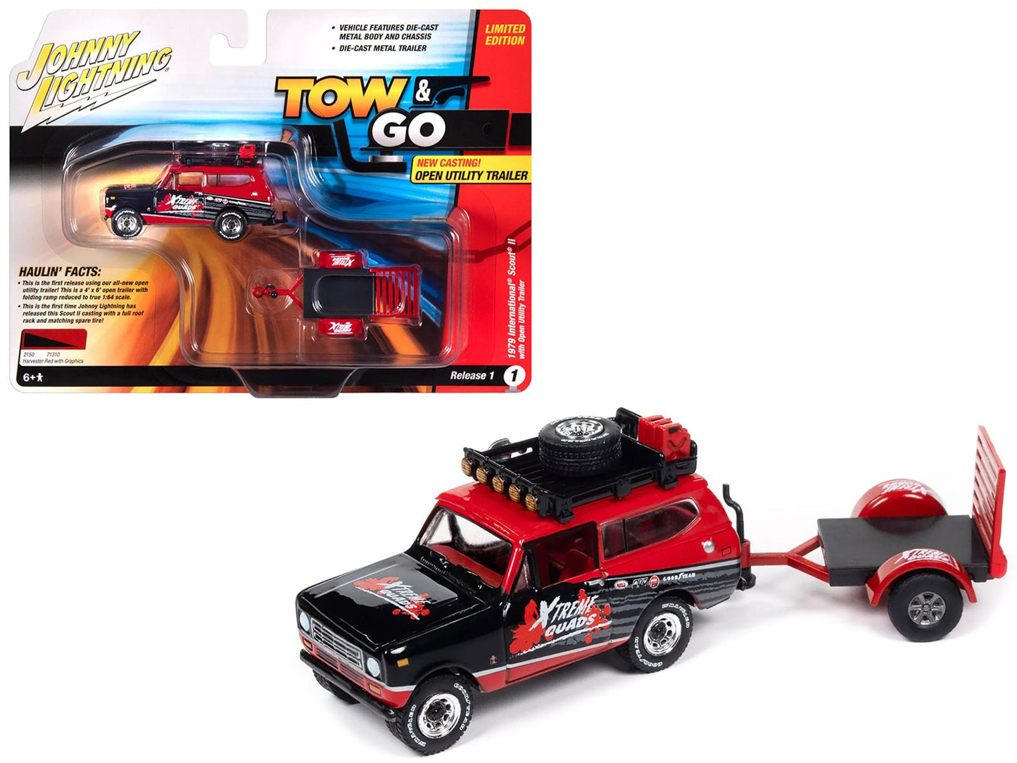 1979 International Scout II Red and Black "Xtreme Quads" with Open Utility Trailer "Tow & Go" Series 1/64 Diecast Model Car by Johnny Lightning free shipping USA