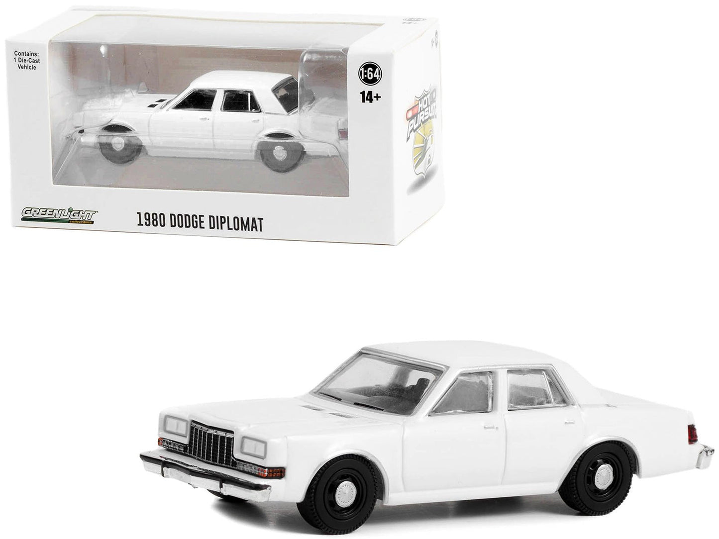 1980-1989 Dodge Diplomat Police Unmarked White "Hot Pursuit" "Hobby Exclusive" Series 1/64 Diecast Model Car by Greenlight free shipping USA