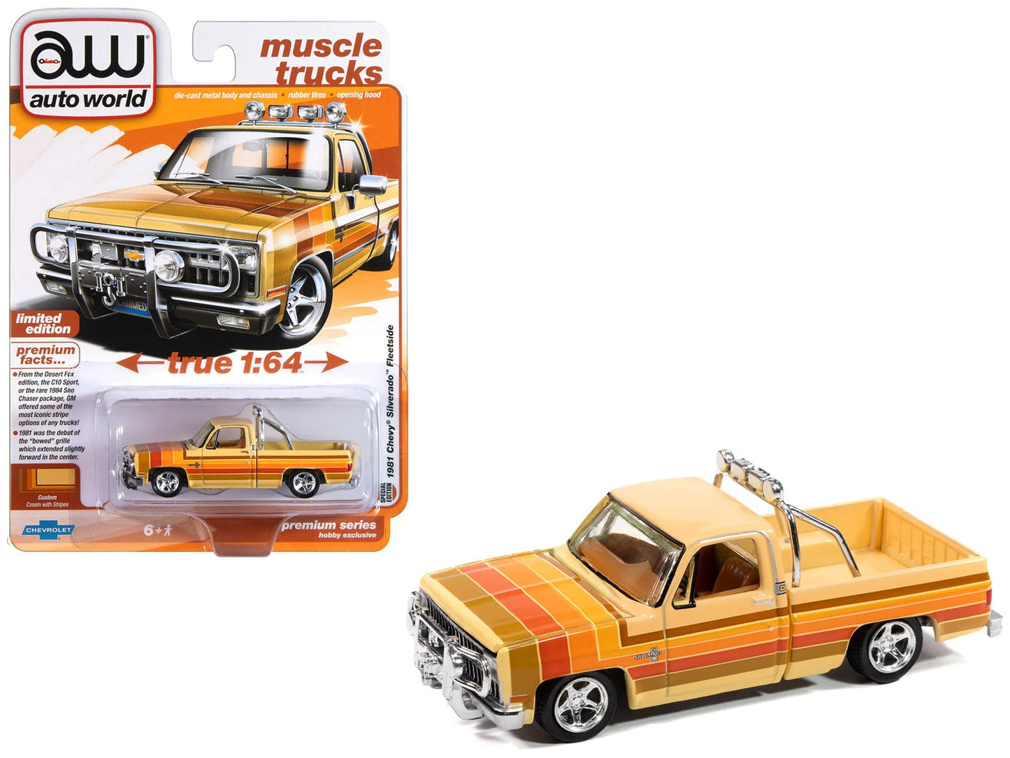 1981 Chevrolet Silverado Fleetside Pickup Truck Cream with Stripes "Hobby Exclusive" Series 1/64 Diecast Model Car by Auto World free shipping USA