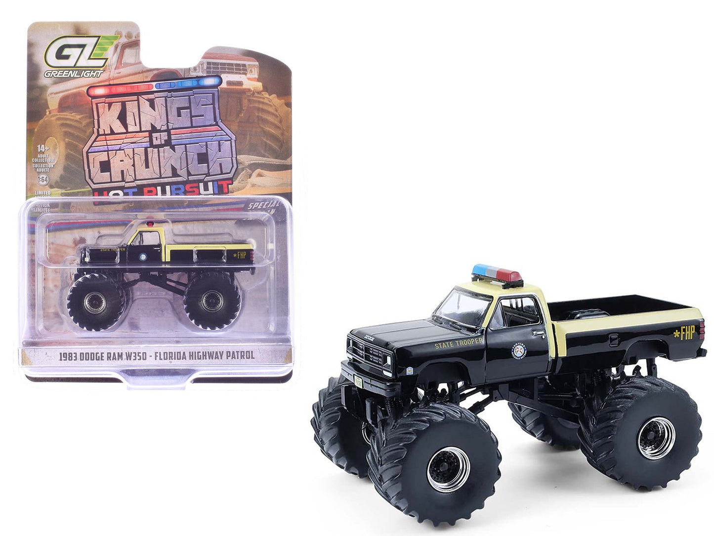 1983 Dodge Ram W350 Monster Truck "Florida Highway Patrol" Black with Cream Top and Stripes "Kings of Crunch - Hot Pursuit" Special Edition 1/64 Diecast Model Car by Greenlight free shipping USA