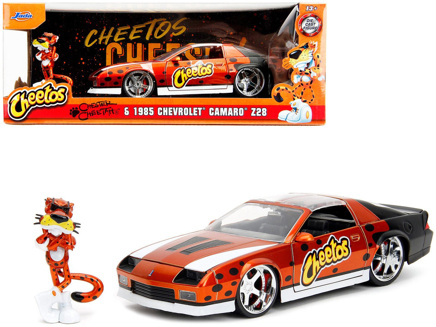 1985 Chevrolet Camaro Z/28 Orange Metallic with Graphics and Chester Cheetah Diecast Figure "Cheetos" "Hollywood Rides" Series 1/24 Diecast Model Car by Jada free shipping USA