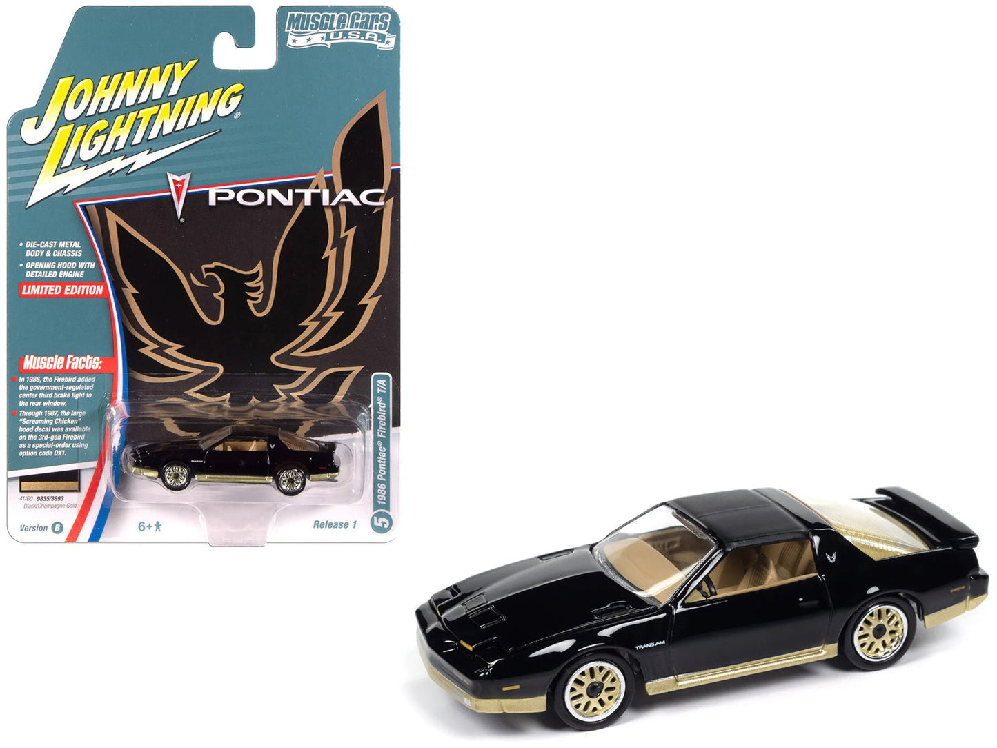 1986 Pontiac Firebird T/A Black with Champagne Gold Accents "Muscle Cars USA" Series 1/64 Diecast Model Car by Johnny Lightning free shipping USA