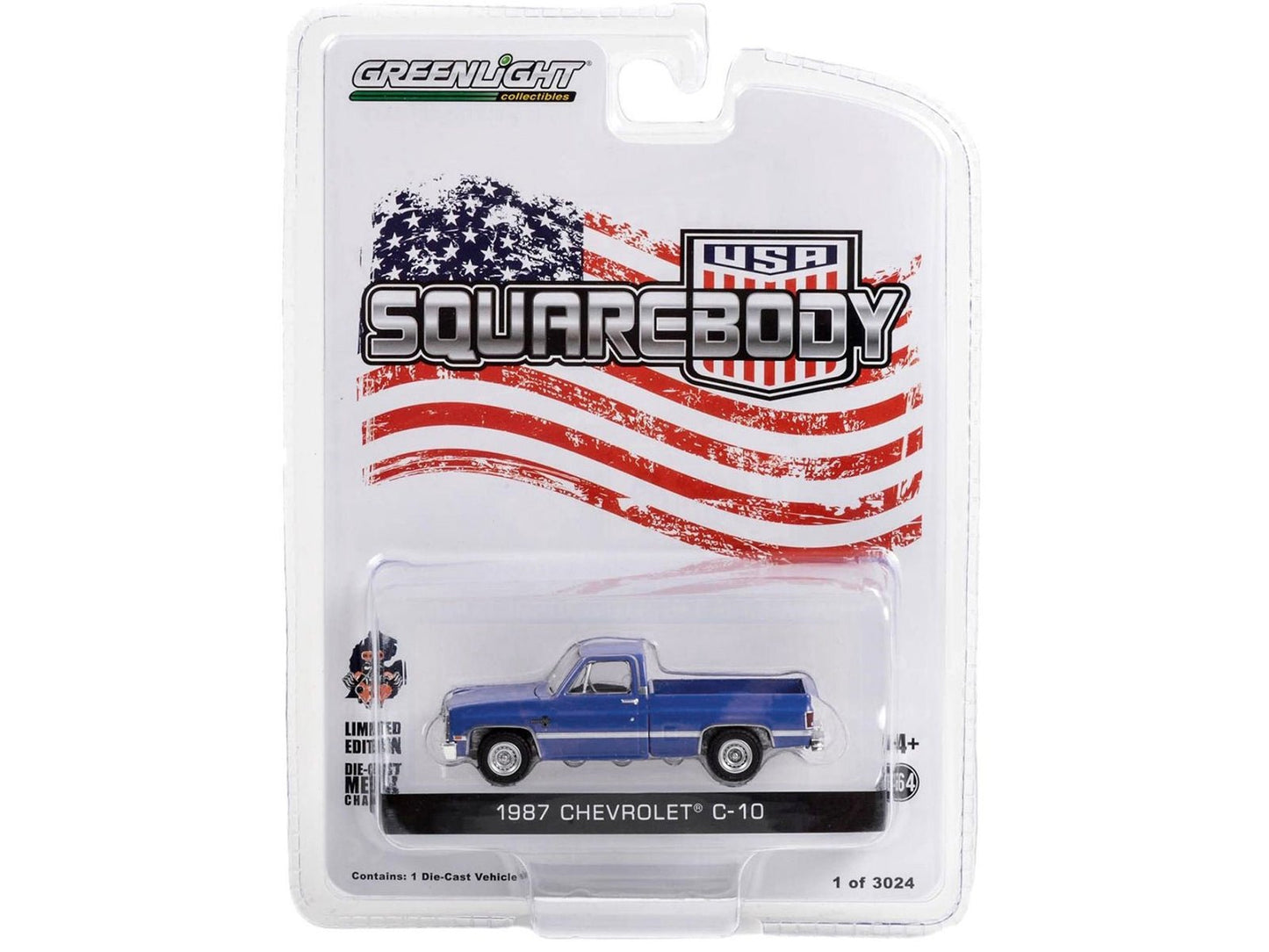1987 Chevrolet C-10 Pickup Truck Blue "Squarebody USA" Limited Edition to 3024 pieces Worldwide 1/64 Diecast Model Car by Greenlight free shipping USA