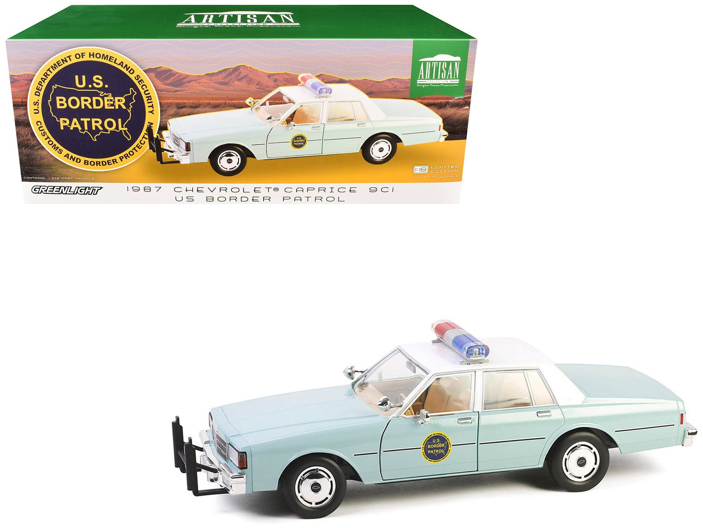 1987 Chevrolet Caprice 9C1 "US Border Patrol" Light Green with White Top "Artisan Collection" 1/18 Diecast Model Car by Greenlight free shipping USA