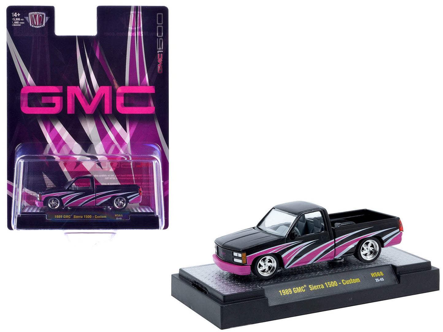 1989 GMC Sierra 1500 Custom Pickup Truck Black with Pink and White Graphics Limited Edition to 15906 pieces Worldwide 1/64 Diecast Model Car by M2 Machines free shipping USA