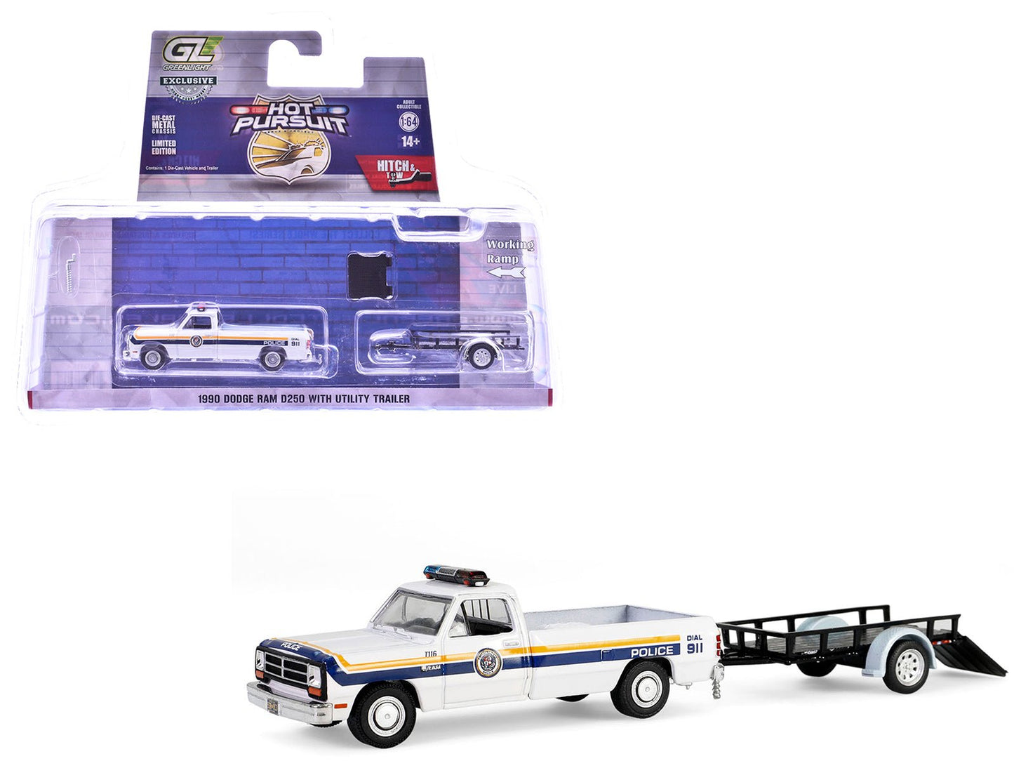 1990 Dodge Ram D250 Pickup Truck "Philadelphia PA Police Department" White with Stripes and Utility Trailer "Hot Pursuit Hitch & Tow" Series 1 1/64 Diecast Model Cars by Greenlight free shipping USA