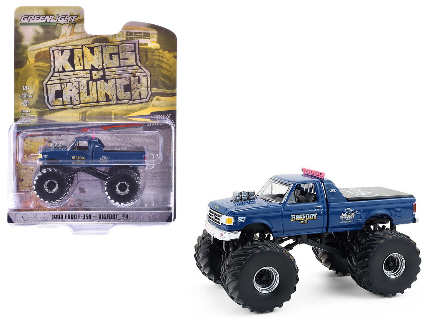 1990 Ford F-350 Monster Truck "Bigfoot #4" Blue "Kings of Crunch" Series 16 1/64 Diecast Model Car by Greenlight free shipping USA