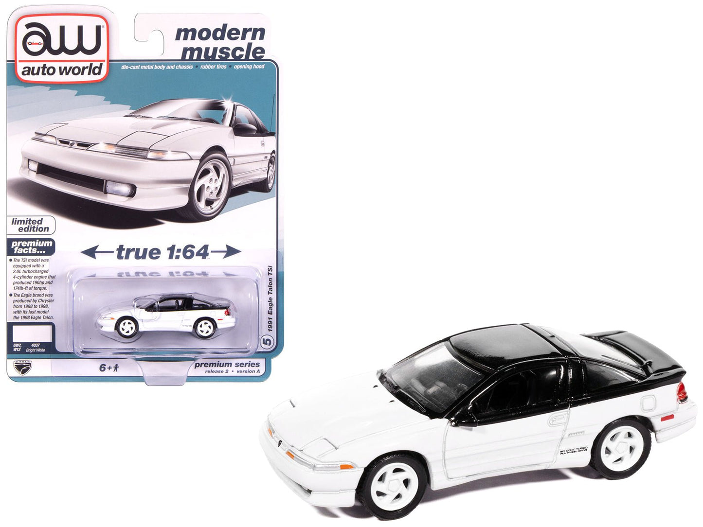 1991 Eagle Talon TSi Bright White with Black Top "Modern Muscle" Series 1/64 Diecast Model Car by Auto World free shipping USA