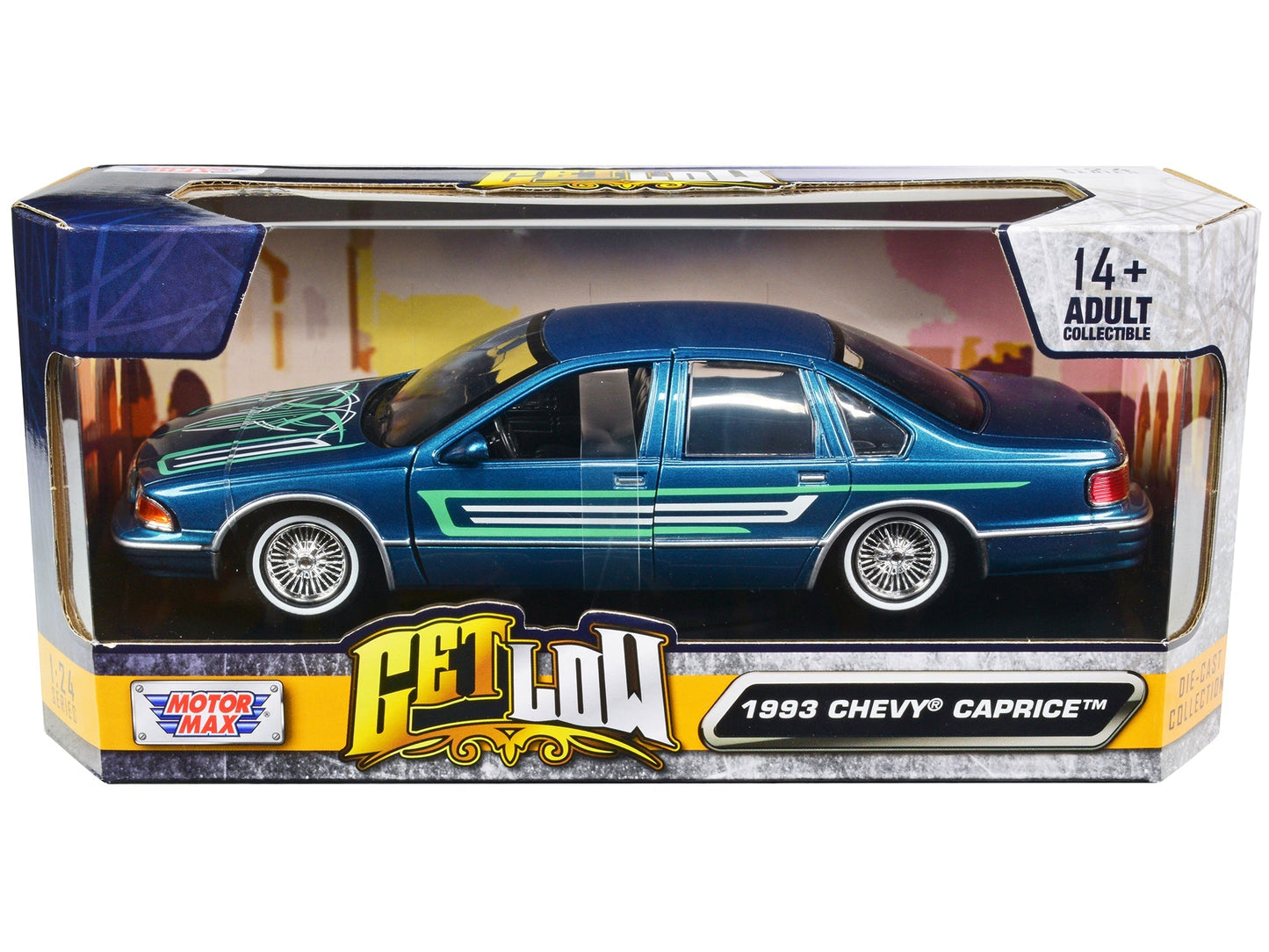 1993 Chevrolet Caprice Lowrider Blue Metallic with Graphics "Get Low" Series 1/24 Diecast Model Car by Motormax free shipping USA