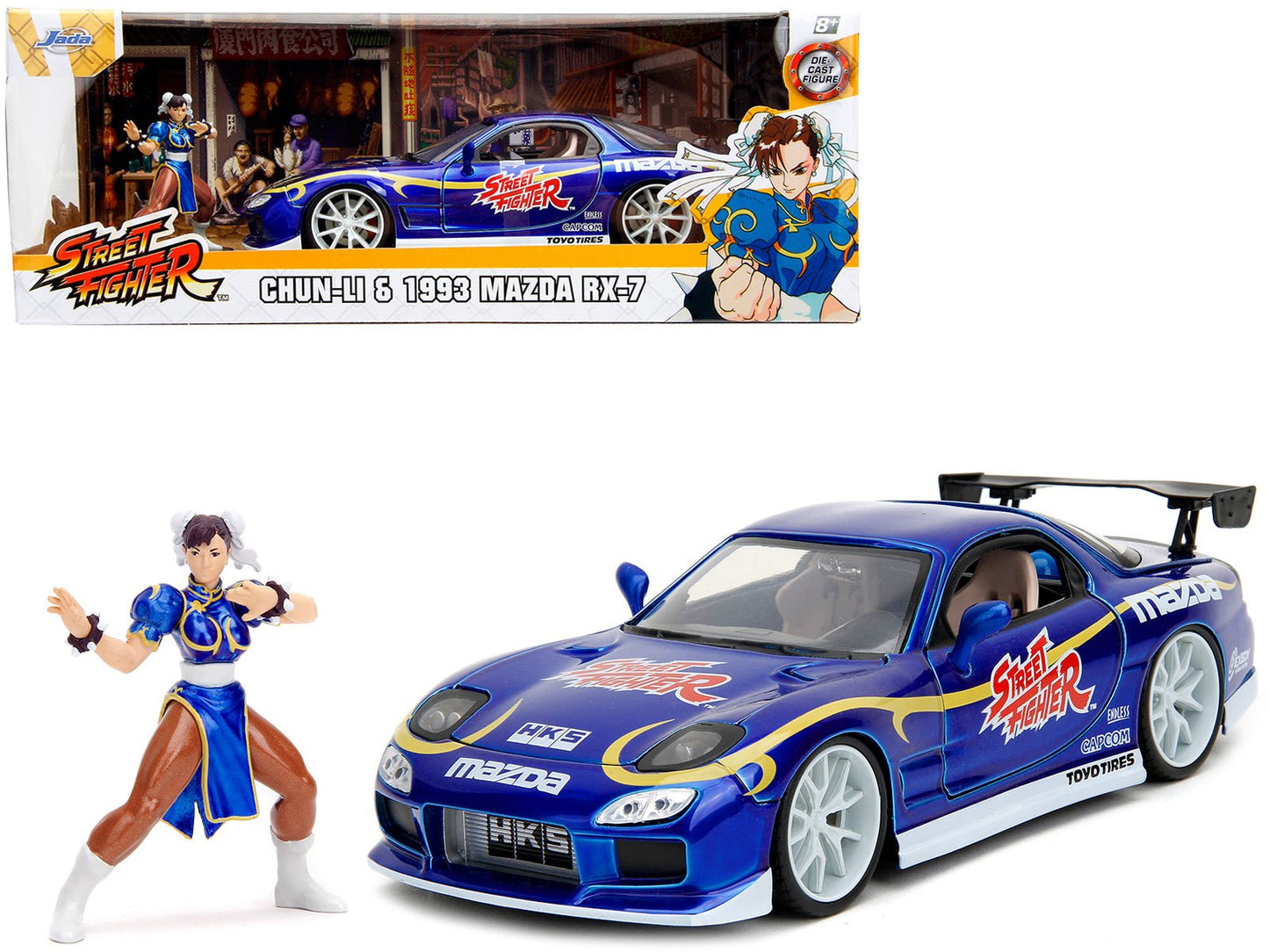 1993 Mazda RX-7 Candy Blue Metallic with Graphics and Chun-Li Diecast Figure "Street Fighter" Video Game "Anime Hollywood Rides" Series 1/24 Diecast Model Car by Jada free shipping USA
