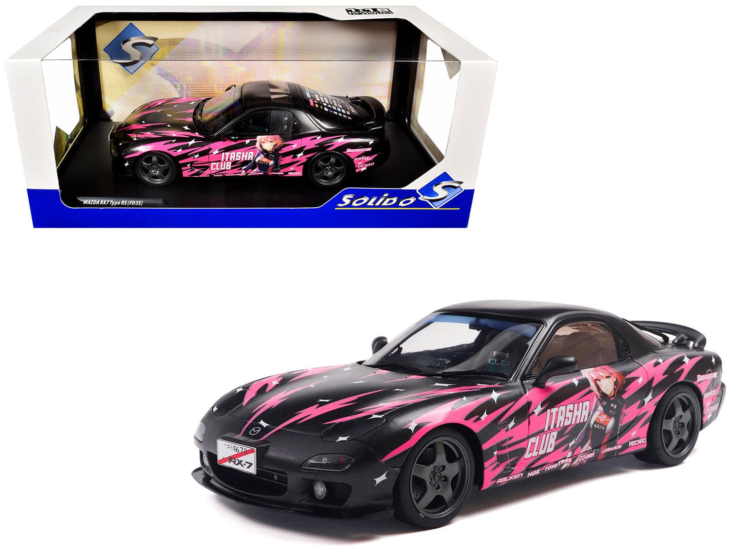 1994 Mazda RX7 (FDRS) RHD (Right Hand Drive) "Itasha Club" Black Metallic with Pink Graphics 1/18 Diecast Model Car by Solido free shipping USA