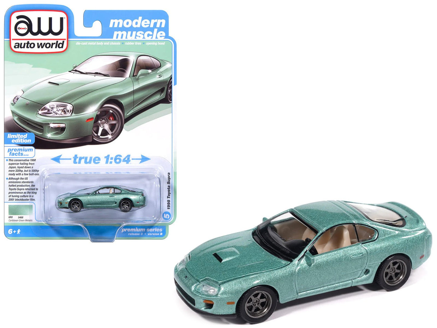 1998 Toyota Supra Caribbean Green Metallic "Modern Muscle" Series 1/64 Diecast Model Car by Auto World free shipping USA