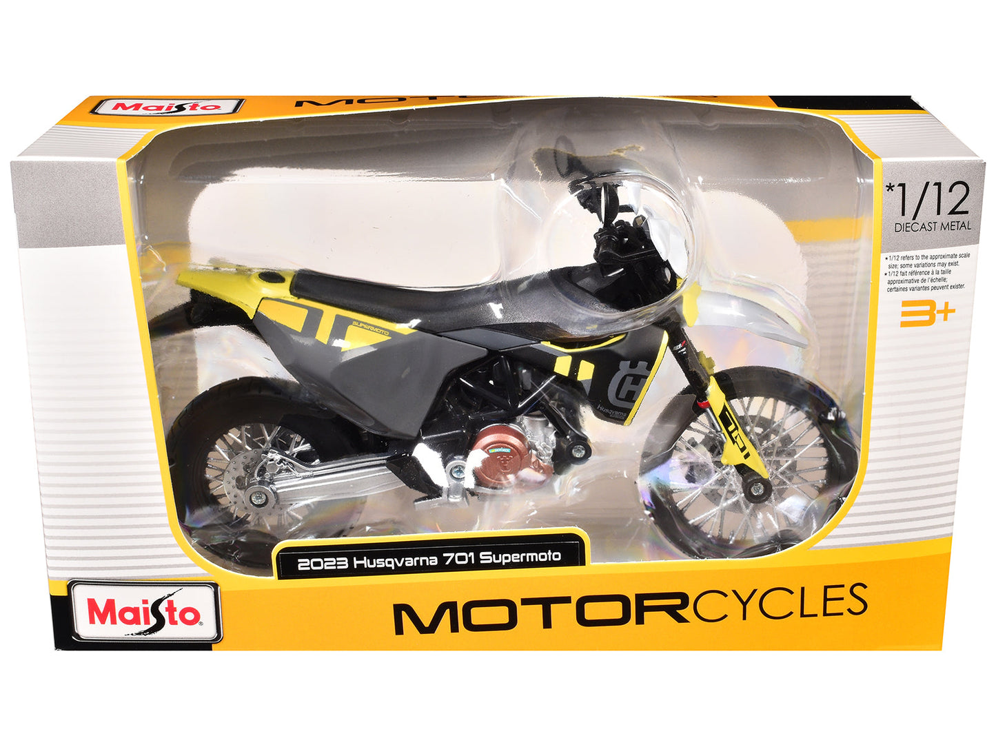 2023 Husqvarna 701 Supermoto Motorcycle Matt Black and Gray with Yellow and White Accents 1/12 Diecast Motorcycle Model by Maisto free shipping USA