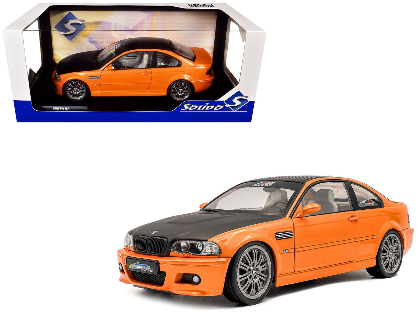2000 BMW E46 M3 "Solido Works" Orange Metallic with Matt Black Hood and Carbon Top 1/18 Diecast Model Car by Solido free shipping USA