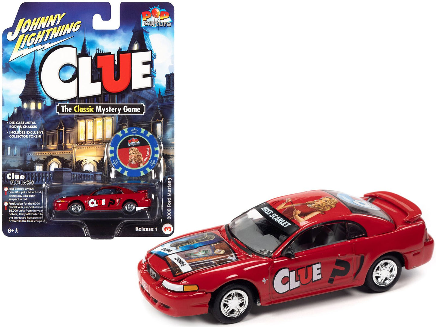 2000 Ford Mustang "Miss Scarlet" Red with Graphics with Poker Chip (Collector Token) "Modern Clue" "Pop Culture" 2022 Release 1 1/64 Diecast Model Car by Johnny Lightning free shipping USA