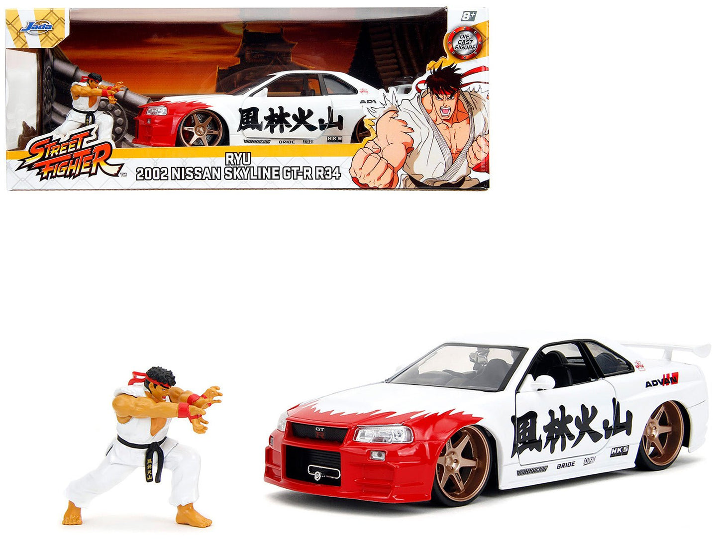 2002 Nissan Skyline GT-R (R34) RHD (Right Hand Drive) White with Red Graphics and Ryu Diecast Figure "Street Fighter" Video Game "Anime Hollywood Rides" Series 1/24 Diecast Model Car by Jada free shipping USA