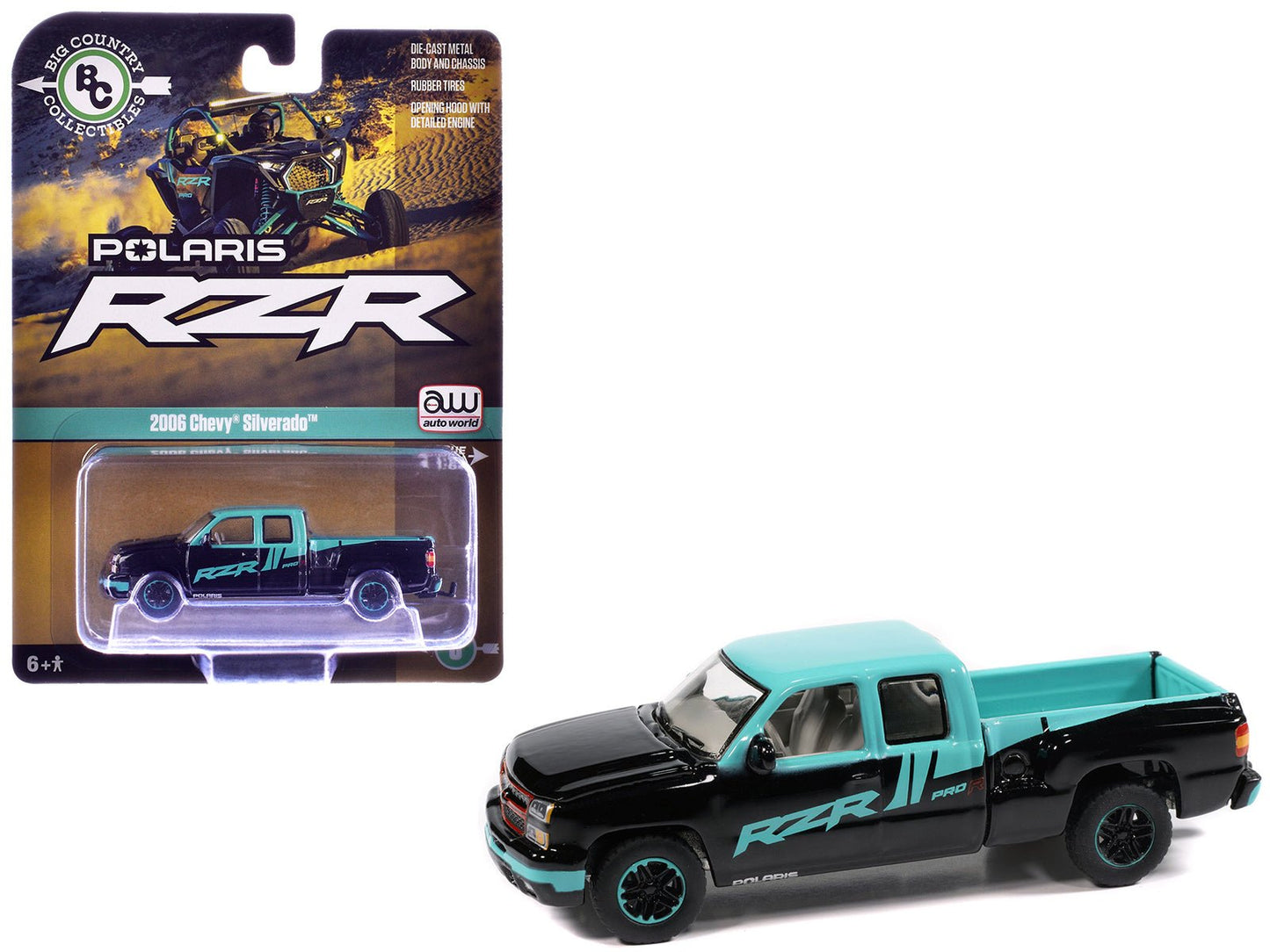 2006 Chevrolet Silverado Pickup Truck "Polaris RZR" Black and Blue "Big Country Collectibles" 2025 Series 1/64 Diecast Model Car by Auto World free shipping USA