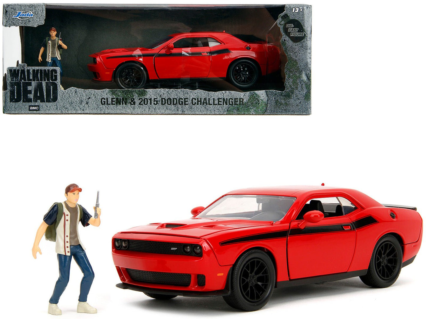 2015 Dodge Challenger Red with Black Stripes and Glenn Diecast Figure "The Walking Dead" (2010-2022) TV Series "Hollywood Rides" Series 1/24 Diecast Model Car by Jada free shipping USA