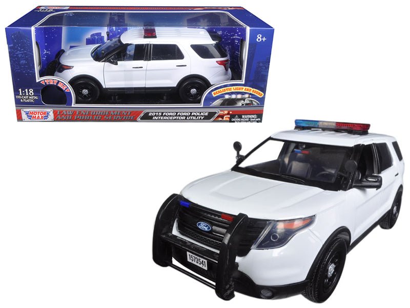 2015 Ford Police Interceptor Utility White with Flashing Light Bar and Front and Rear Lights and 2 Sounds 1/18 Diecast Model Car by Motormax free shipping USA