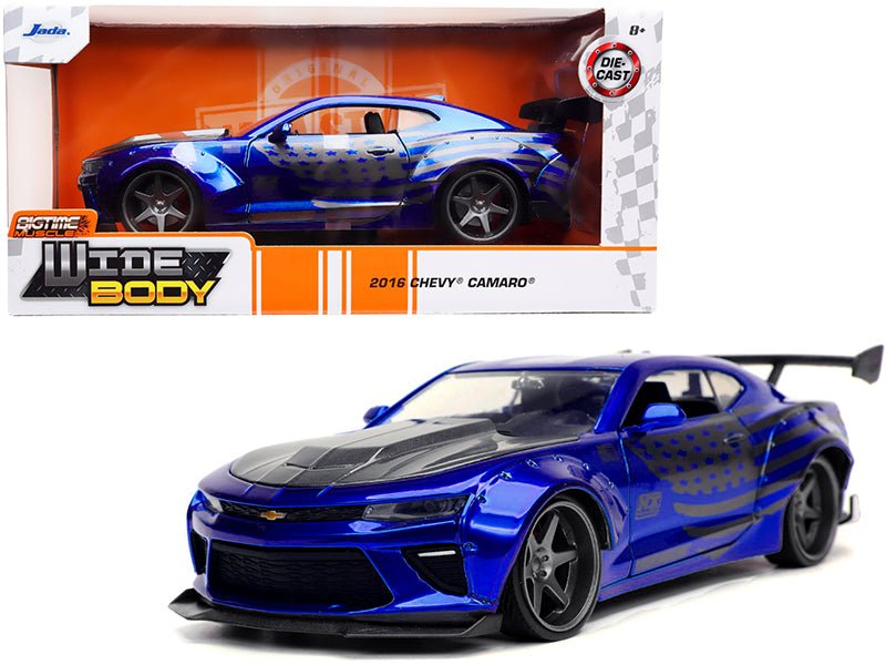 2016 Chevrolet Camaro Widebody Candy Blue with Gray Metallic Hood and American Flag Graphics "Bigtime Muscle" Series 1/24 Diecast Model Car by Jada free shipping USA