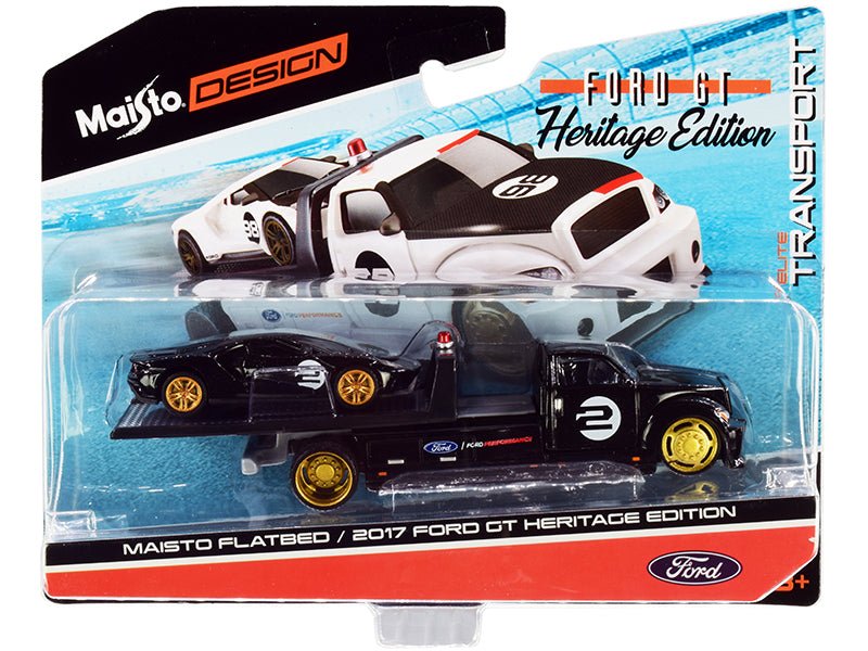 2017 Ford GT #2 Heritage Edition with Flatbed Truck Black "Elite Transport" Series 1/64 Diecast Model Cars by Maisto free shipping USA