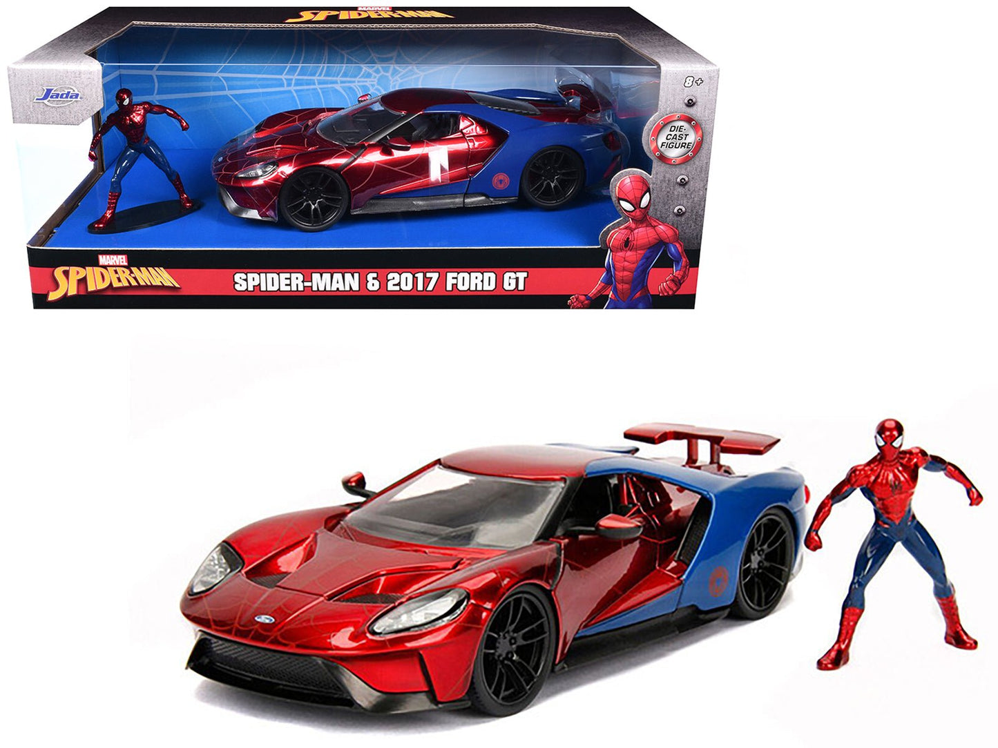 2017 Ford GT with Spider Man Diecast Figurine "Marvel" Series 1/24 Diecast Model Car by Jada free shipping USA