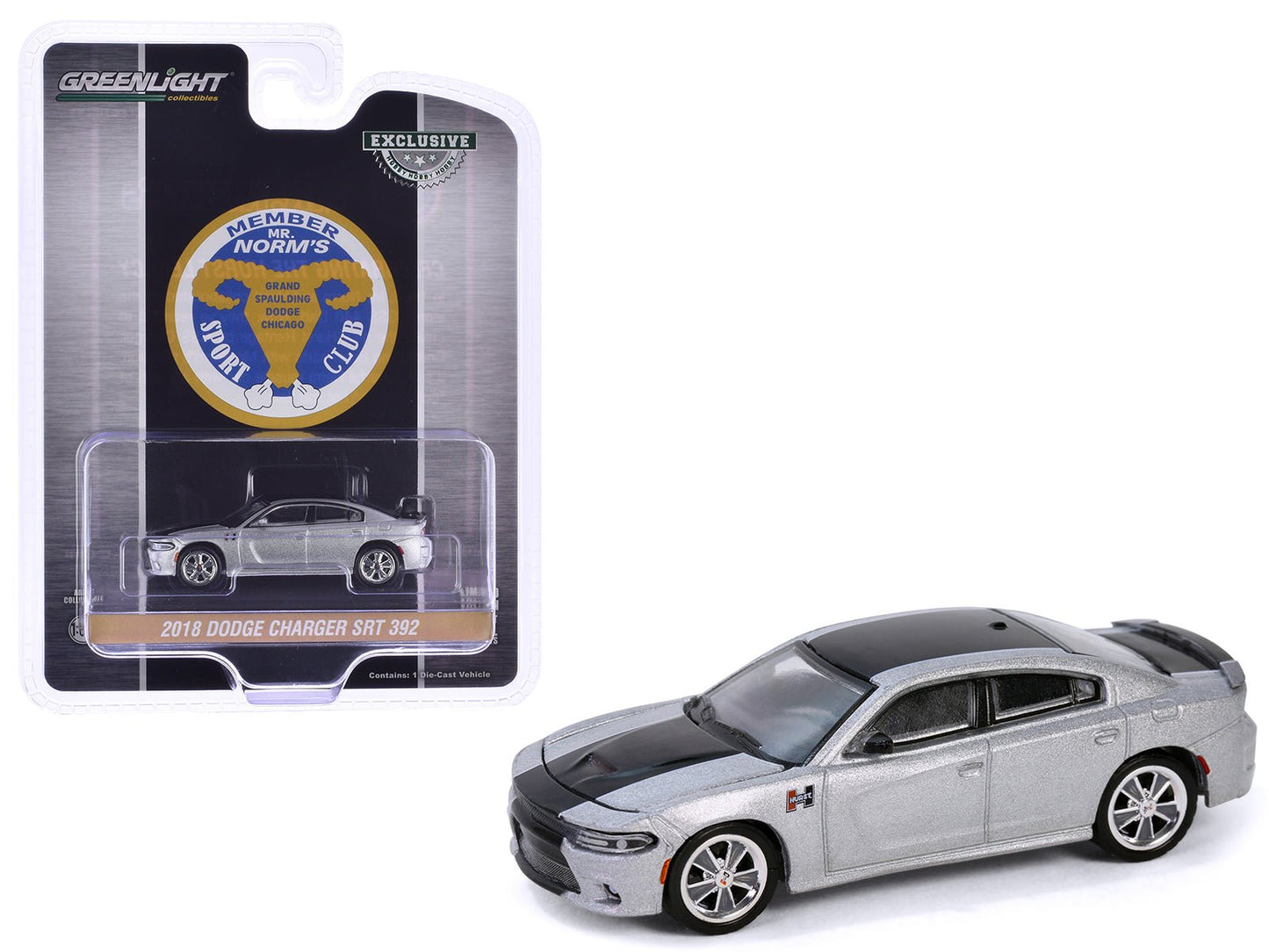 2018 Dodge Charger SRT 392 Silver Metallic with Black Stripe "Mr. Norm Heritage GSS Charger" "Hobby Exclusive" Series 1/64 Diecast Model Car by Greenlight free shipping USA