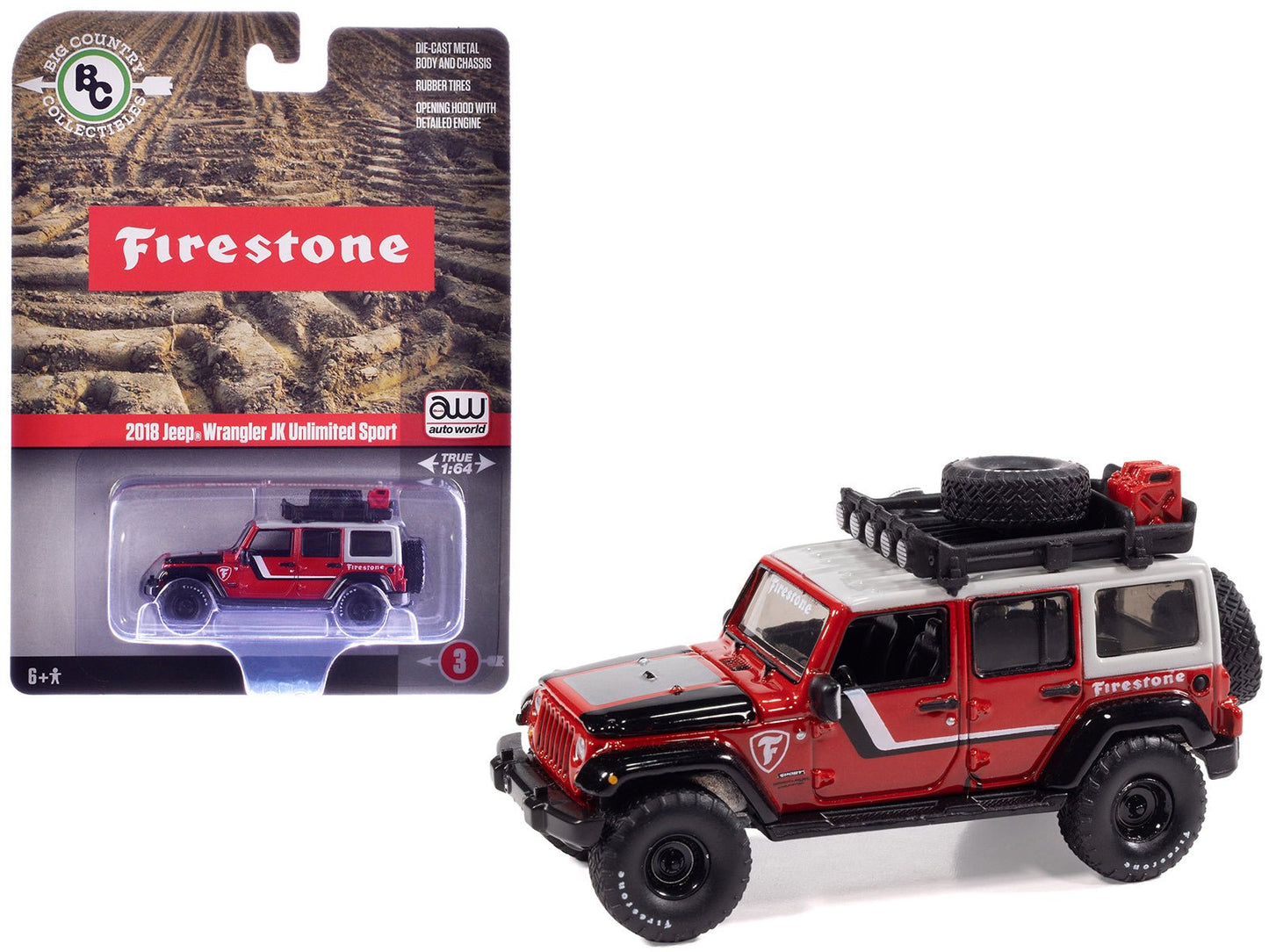 2018 Jeep Wrangler JK Unlimited Sport "Firestone Field Agent" Red with Graphics and Gray Top with Roof Rack "Big Country Collectibles" 2025 Series 1/64 Diecast Model Car by Auto World free shipping USA