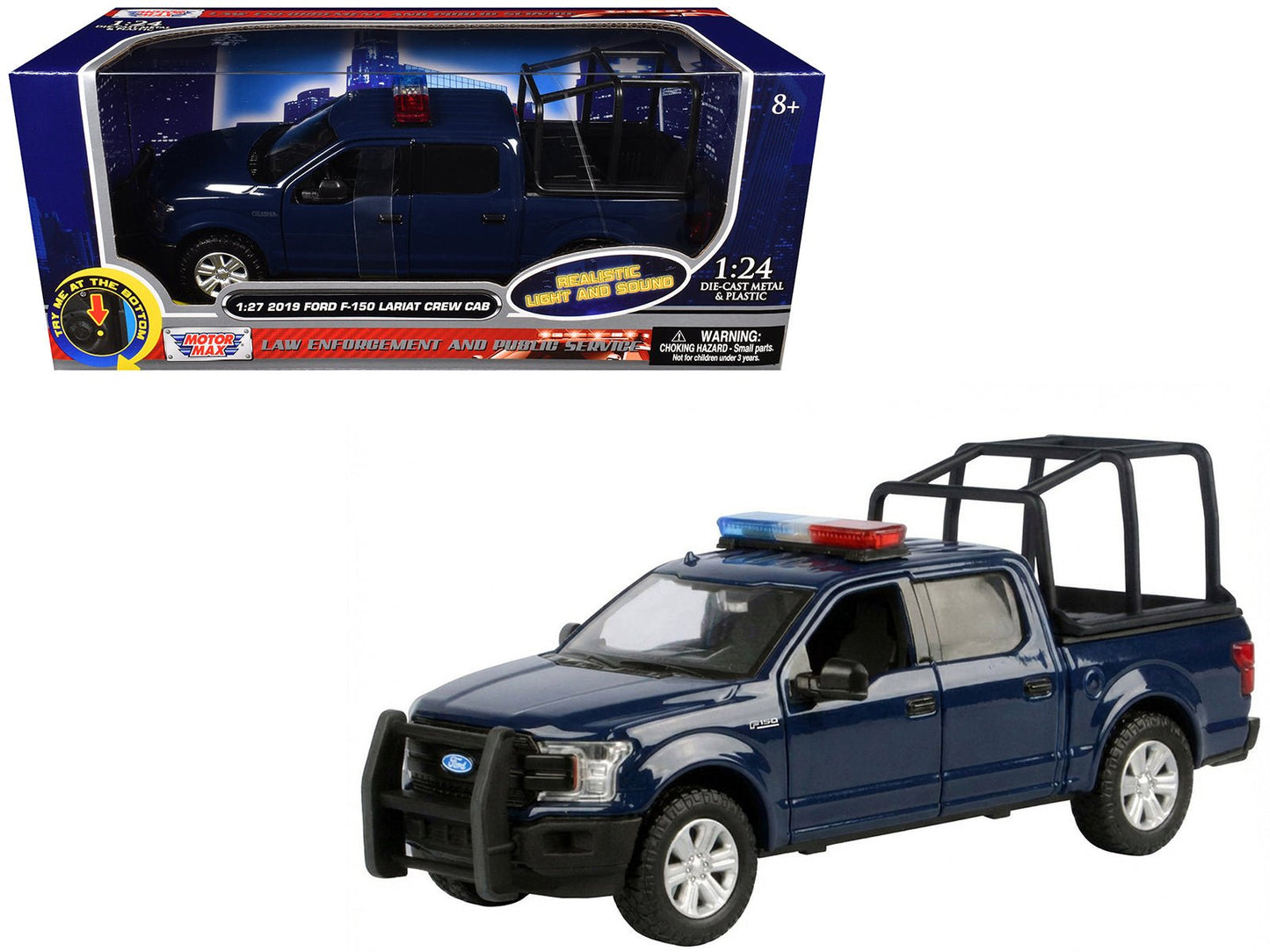 2019 Ford F-150 Lariat Crew Cab Pickup Truck with Bed Cage Dark Blue with Flashing Light Bar and Front and Rear Lights and Sounds 1/27 Diecast Model Car by Motormax free shipping USA