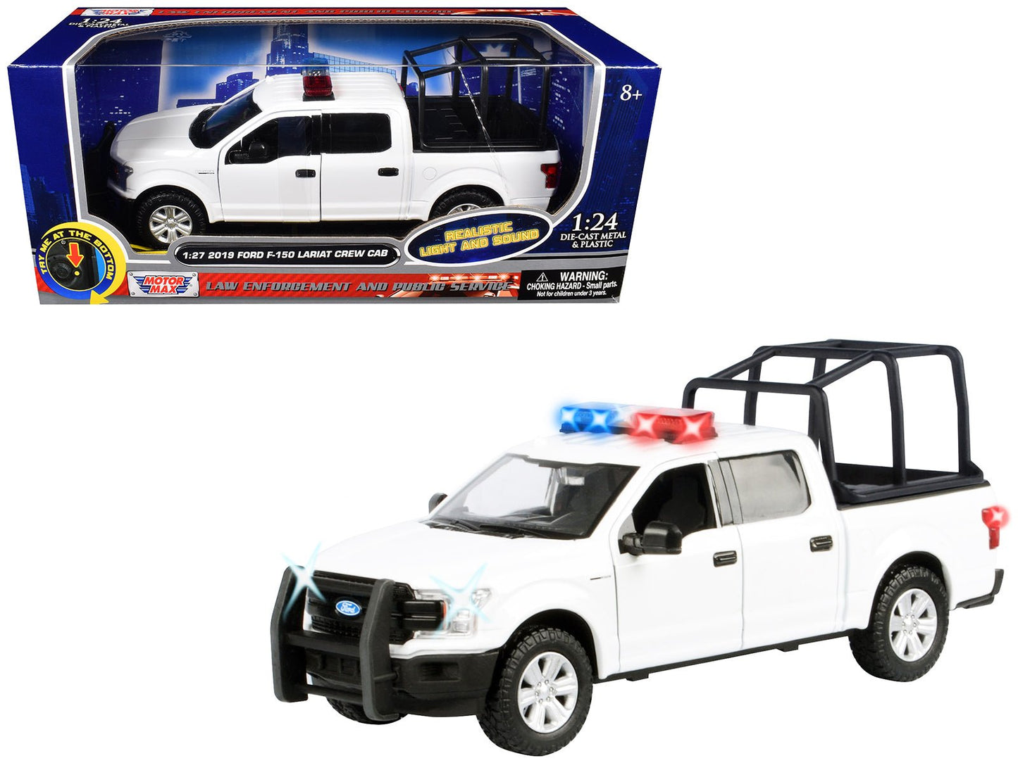 2019 Ford F-150 Lariat Crew Cab Pickup Truck with Bed Cage White with Flashing Light Bar and Front and Rear Lights and Sounds 1/27 Diecast Model Car by Motormax free shipping USA