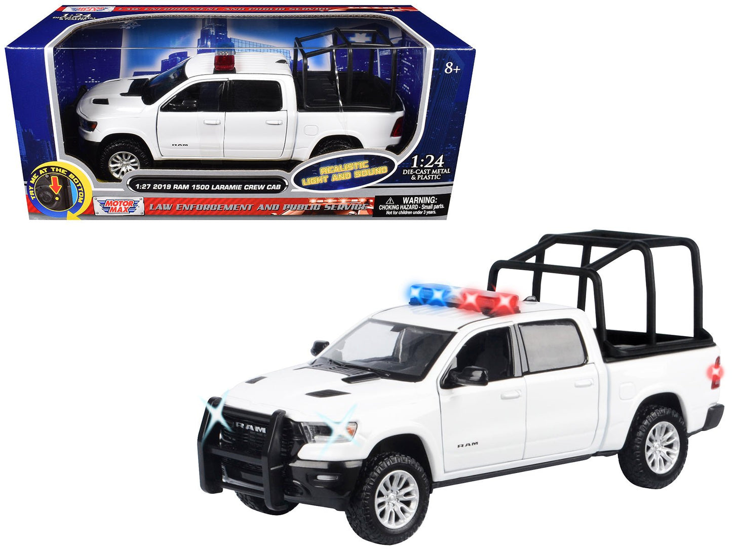 2019 RAM 1500 Laramie Crew Cab Pickup Truck with Bed Cage White with Flashing Light Bar and Front and Rear Lights and Sounds 1/27 Diecast Model Car by Motormax free shipping USA
