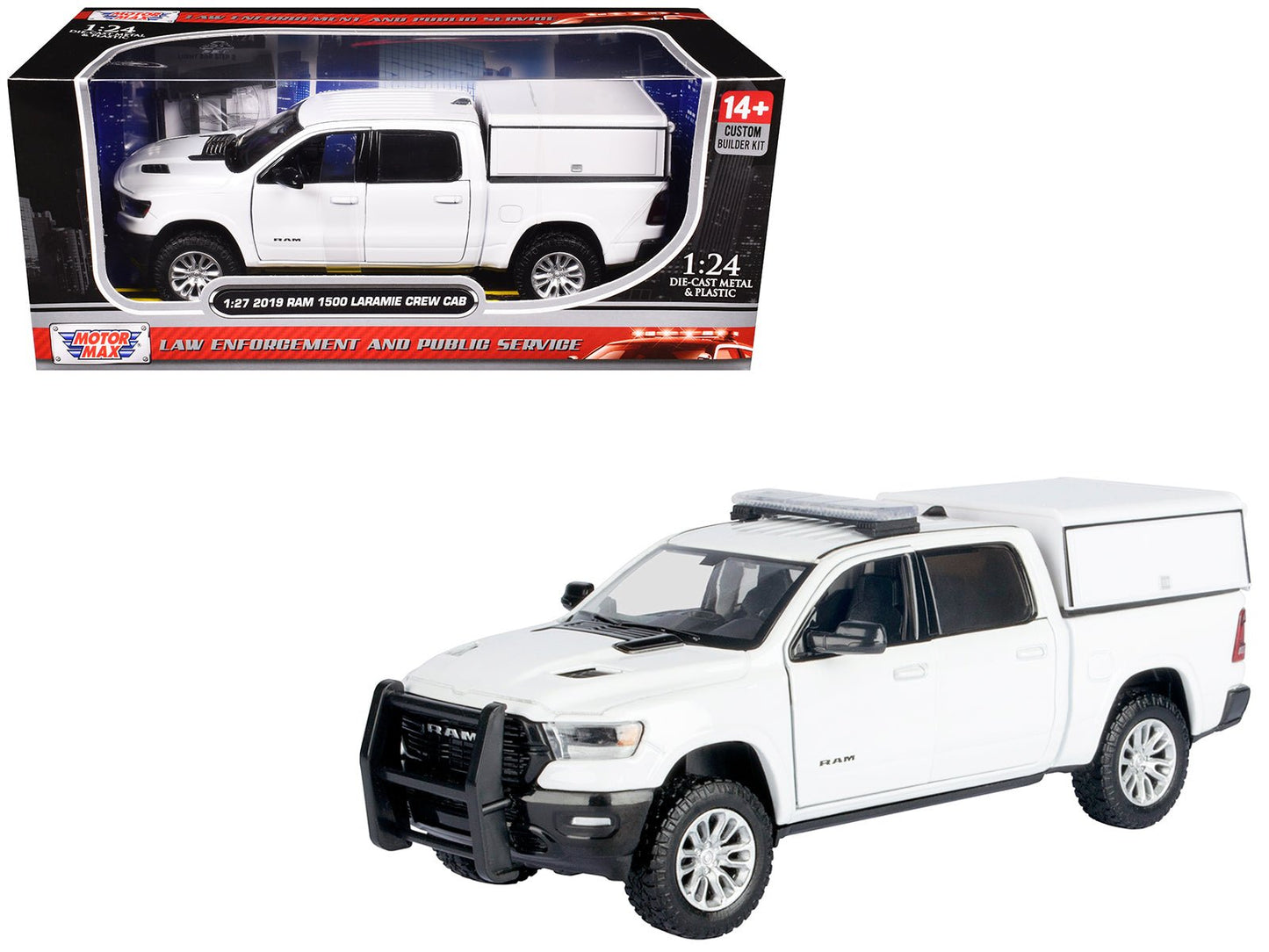 2019 RAM 1500 Laramie Crew Cab Pickup Truck with Truck Bed Camper White "Custom Builder's Kit" Series 1/27 Diecast Model Car by Motormax free shipping USA