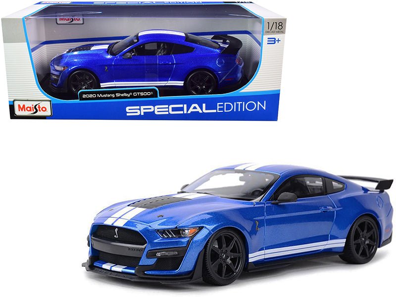 2020 Ford Mustang Shelby GT500 Blue Metallic with White Stripes "Special Edition" 1/18 Diecast Model Car by Maisto free shipping USA