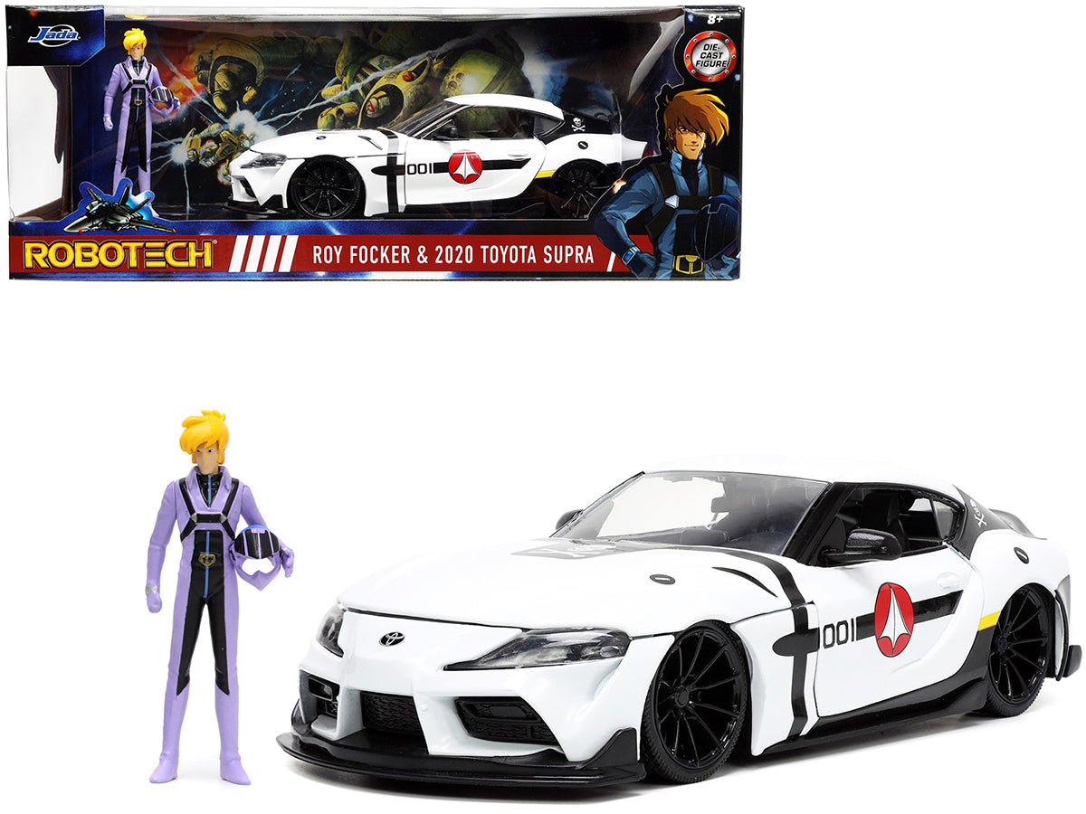 2020 Toyota Supra White and Roy Focker Diecast Figurine "Robotech" "Hollywood Rides" Series 1/24 Diecast Model Car by Jada free shipping USA