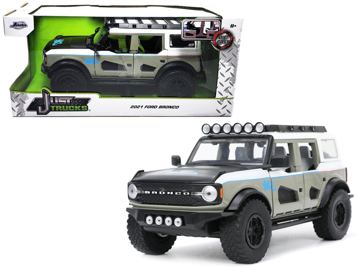 2021 Ford Bronco Gray and White with Matt Black Hood with Roof Rack "M2 Motoring" "Just Trucks" Series 1/24 Diecast Model Car by Jada free shipping USA