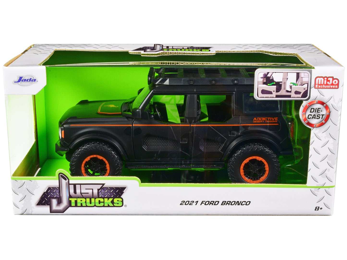 2021 Ford Bronco Matt Black with Orange Stripes and Roof Rack "Addictive Desert Designs" "Just Trucks" Series 1/24 Diecast Model Car by Jada free shipping USA