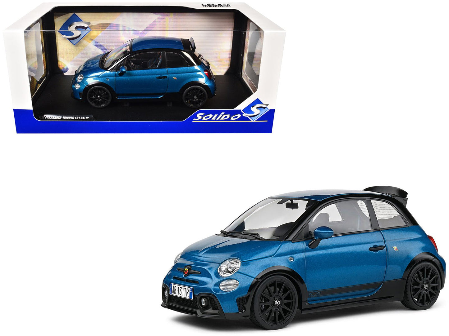 2022 Fiat 695 Abarth "Tributo 131 Rally" Podium Blue Metallic with Black Side Stripes 1/18 Diecast Model Car by Solido free shipping USA