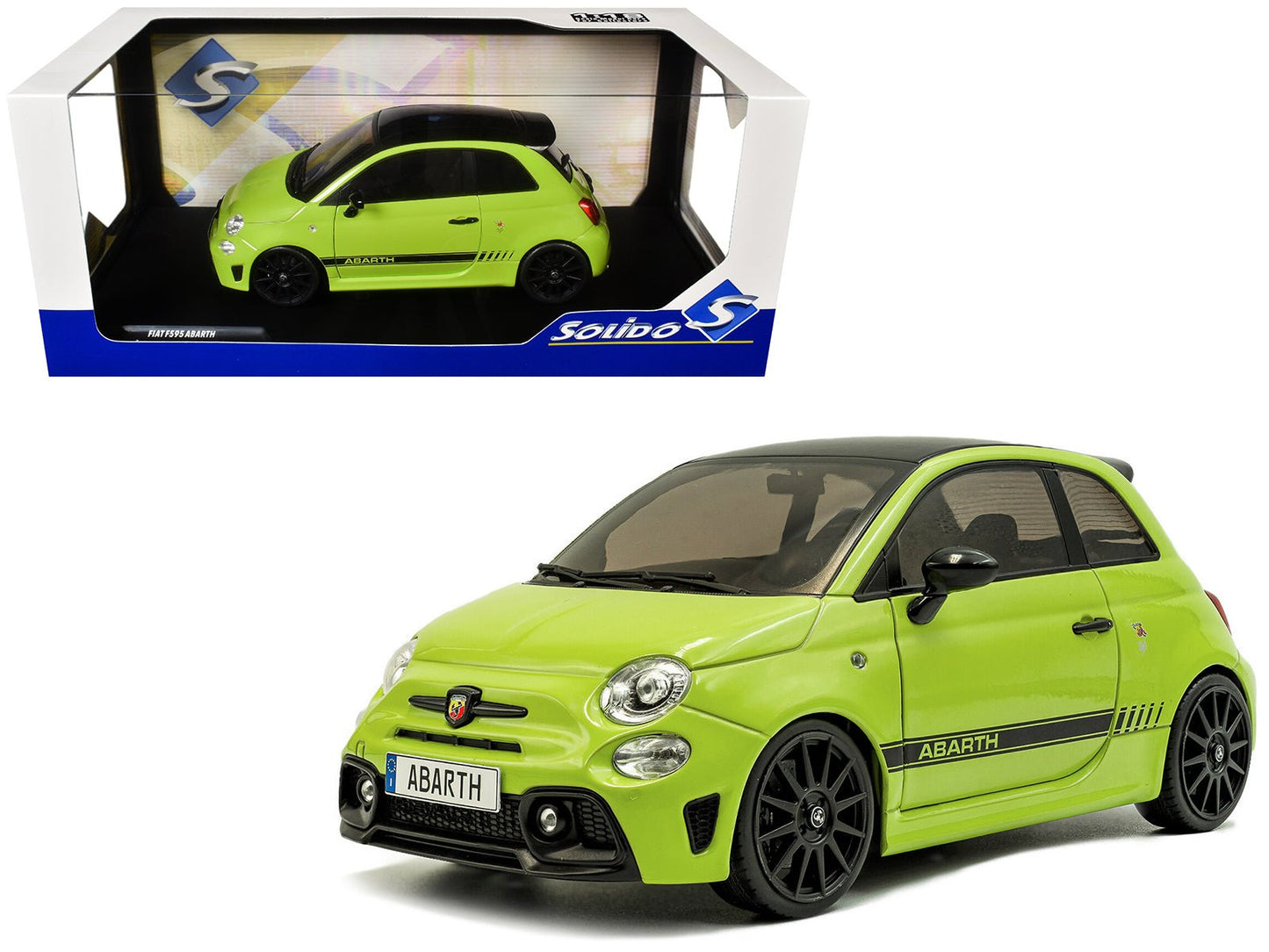 2023 Fiat F595 Abarth Verde Adrenalina Green with Black Top and Stripes 1/18 Diecast Model Car by Solido free shipping USA