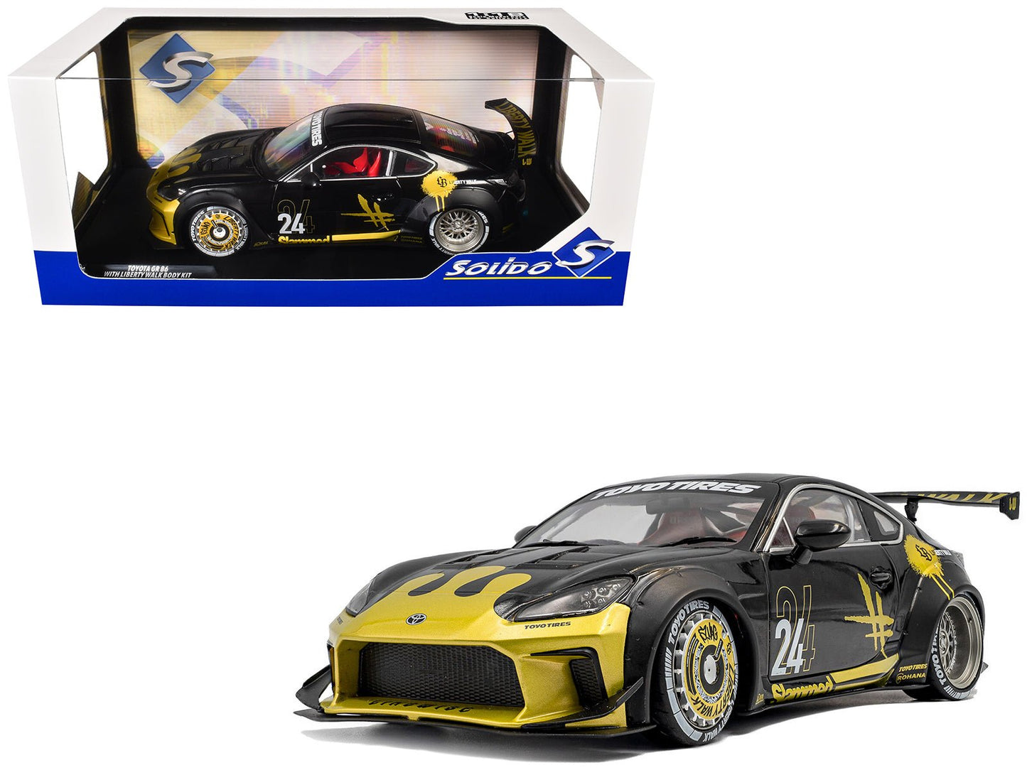 2024 Toyota GR86 Liberty Walk Body Kit RHD (Right Hand Drive) #24 Black with Gold Graphics 1/18 Diecast Model Car by Solido free shipping USA