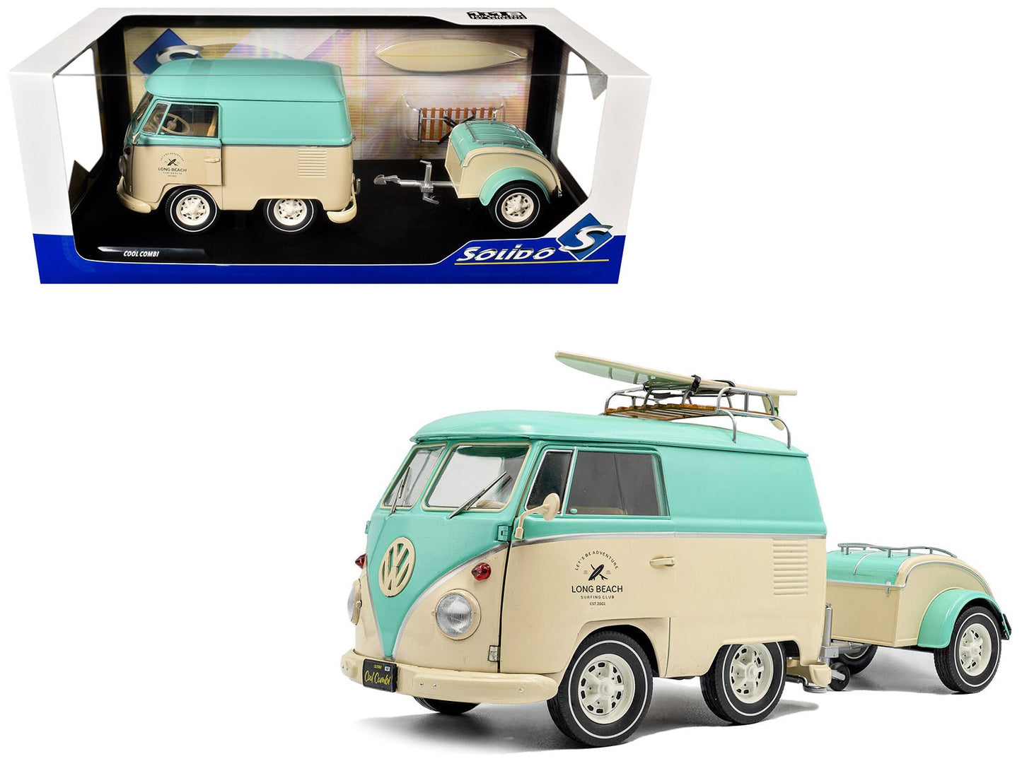 2024 Volkswagen Cool Combi Van with Trailer "Long Beach Surfing Club" Mint Green and Cream with Roof Rack and Surfboard 1/18 Diecast Model Car by Solido free shipping USA