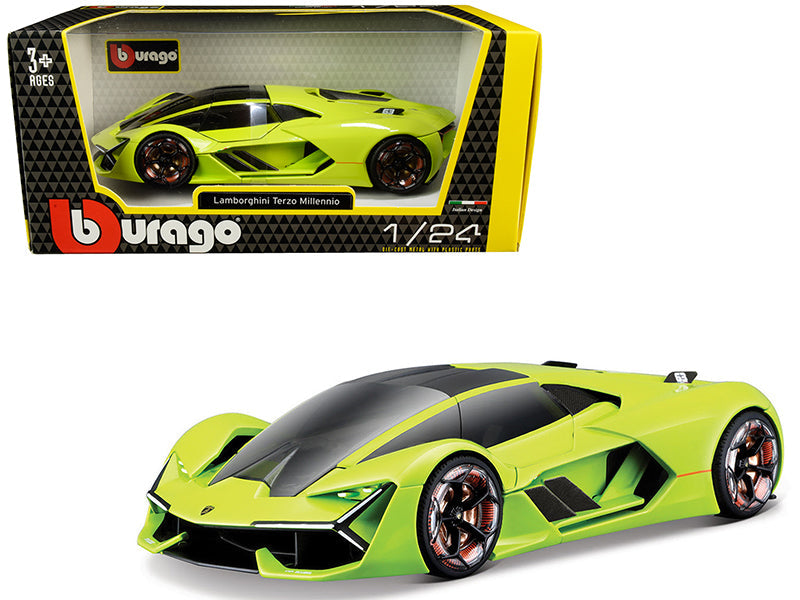 Lamborghini Terzo Millennio Lime Green with Black Top and Carbon Accents 1/24 Diecast Model Car by Bburago free shipping USA