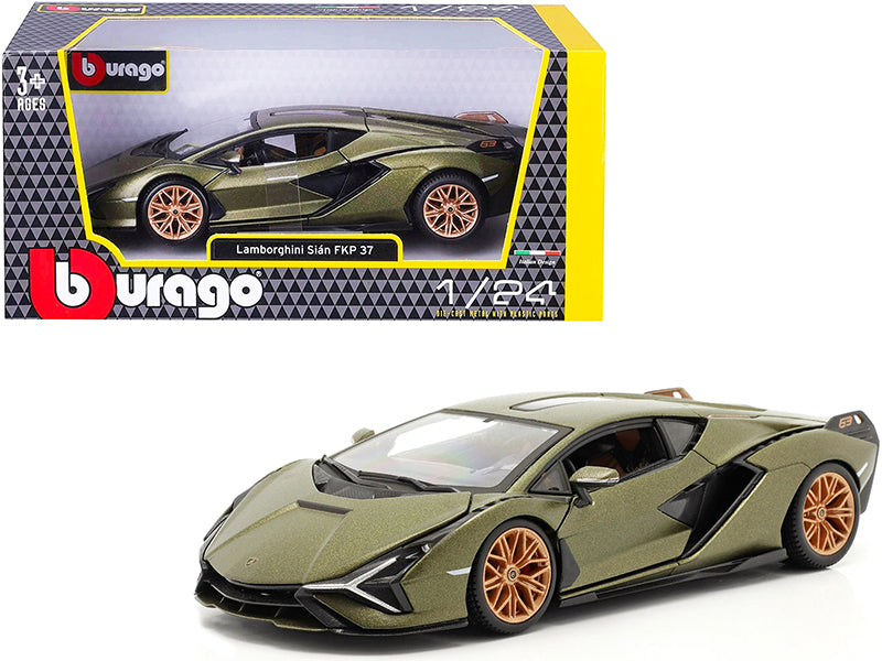 Lamborghini Sian FKP 37 Matt Green Metallic with Copper Wheels 1/24 Diecast Model Car by Bburago free shipping USA