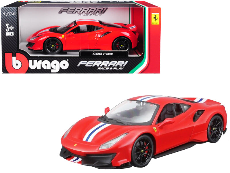Ferrari 488 Pista Red with White and Blue Stripes 1/24 Diecast Model Car by Bburago free shipping USA