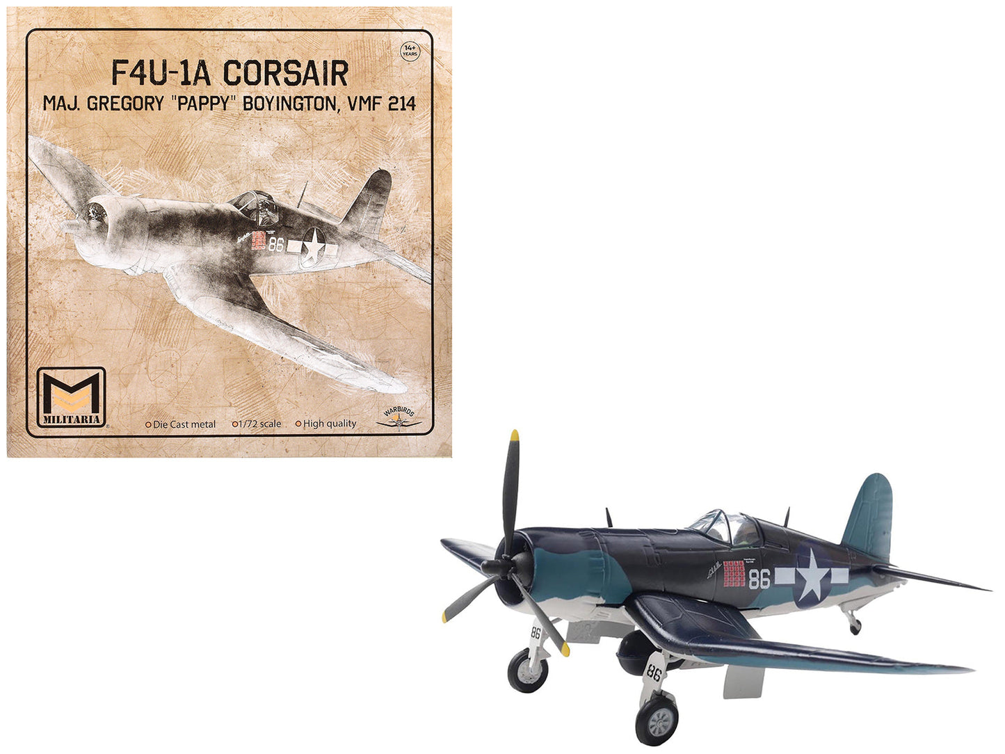 Vought F4U-1A Corsair Fighter Aircraft "Maj. Gregory "Pappy" Boyington VMF 214" United States Marine Corps 1/72 Diecast Model by Militaria Die Cast free shipping USA