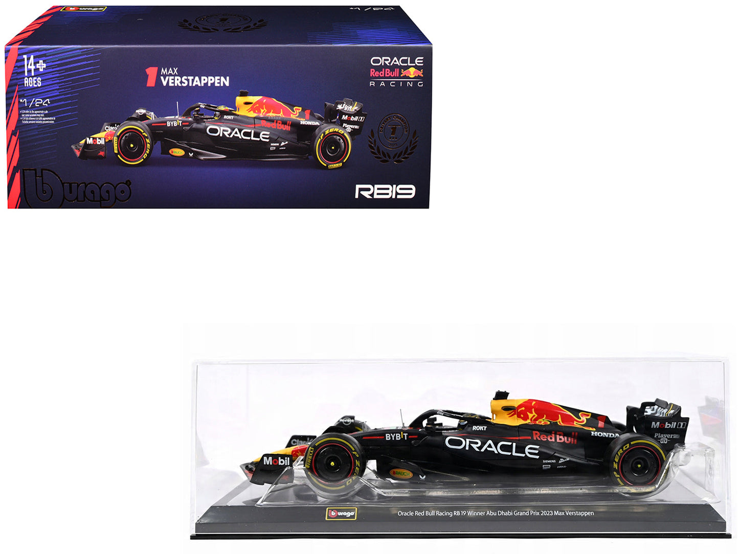 Red Bull Racing RB19 #1 Max Verstappen "Oracle" Winner Formula One F1 Championship "Drivers' Champion" (2023) with Display Case 1/24 Diecast Model Car by Bburago free shipping USA